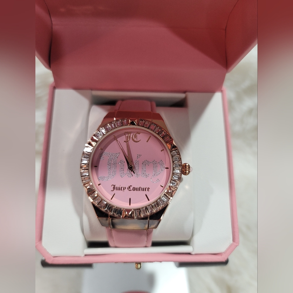 Juicy Couture Watch  Pink Face W/ Rhinestones Rose Gold Bezel Faux Leather Strap